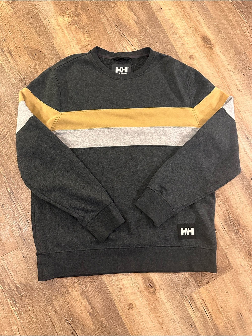 Helly Hansen Men's Charcoal Crewneck Sweater with Gold & Gray Stripes